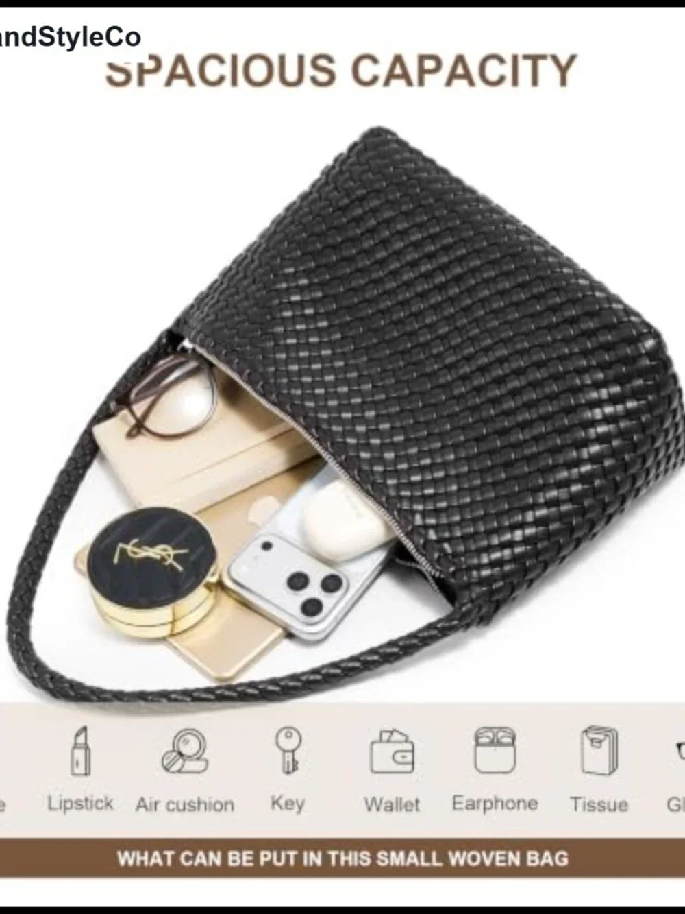 Small Woven Hobo Shoulder Bag Handmade Faux Leather Zip Closure